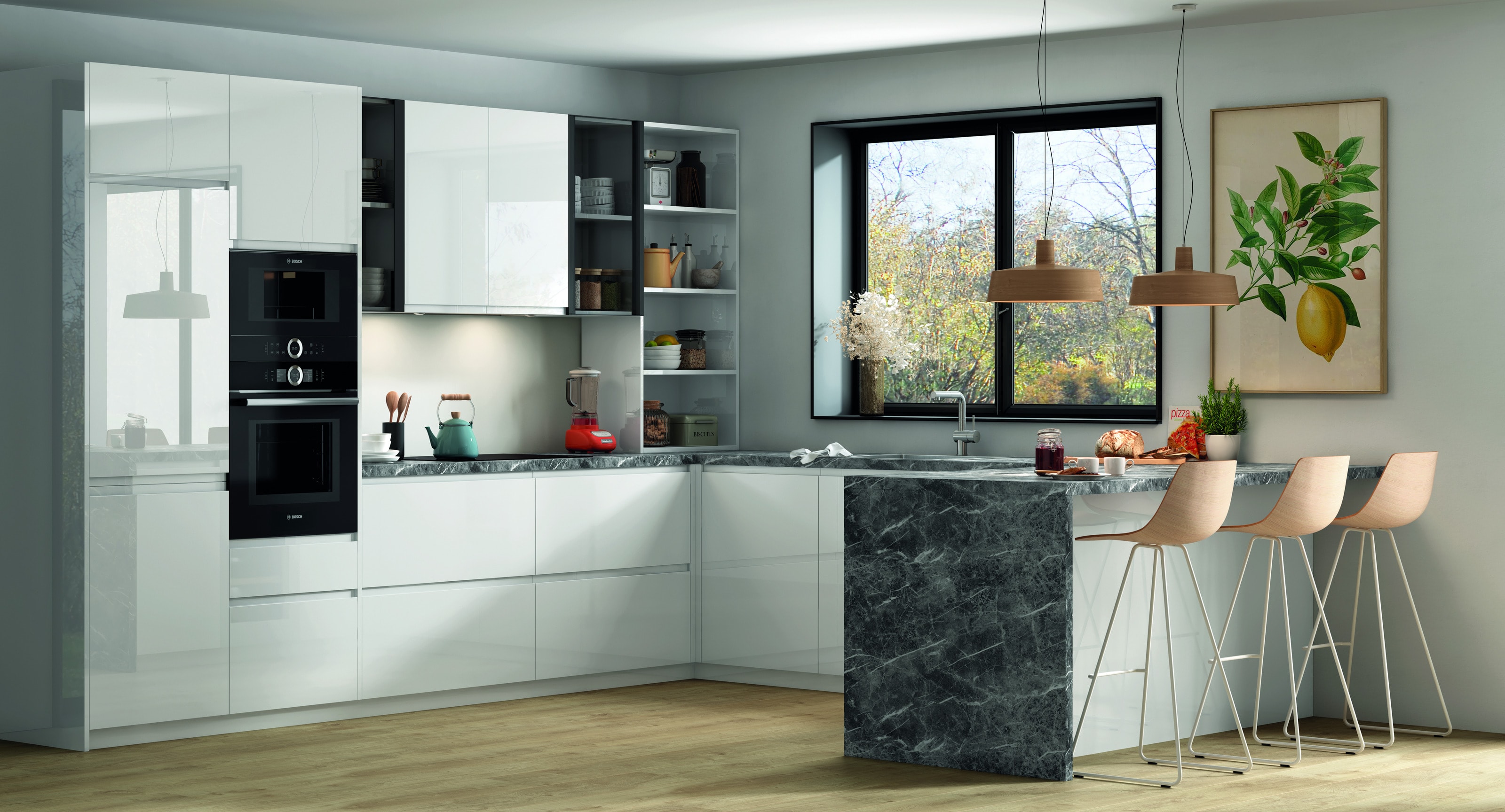 Peninsula kitchen with high-gloss white fronts and a dark marble breakfast bar