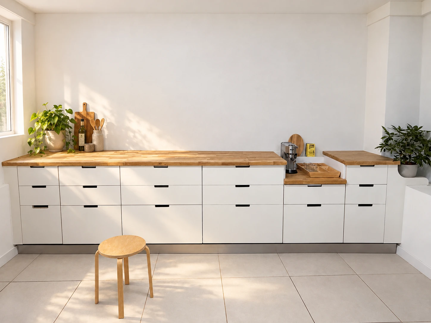 White drawer unit with a solid oak worktop and a two-level coffee station